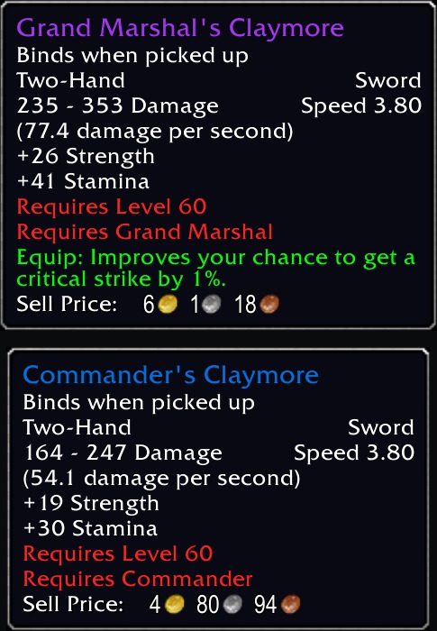 Grand Marshal's Claymore and Commander's Claymore tooltips